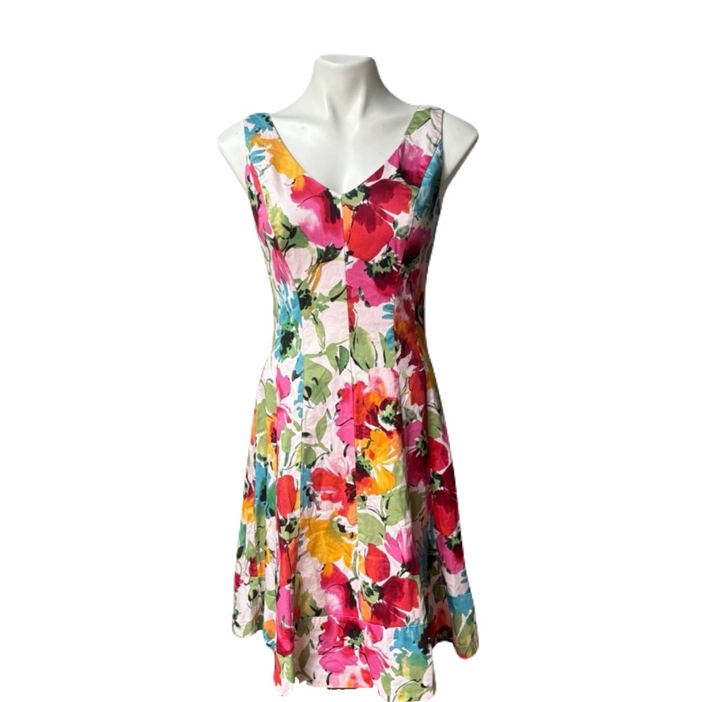 Lauren Ralph Lauren Floral Dress A-Line Pleated Midi Yellow Red Green Bl…